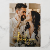 手書きスクリプト結婚写真のサンキューカード 箔招待状 (正面)