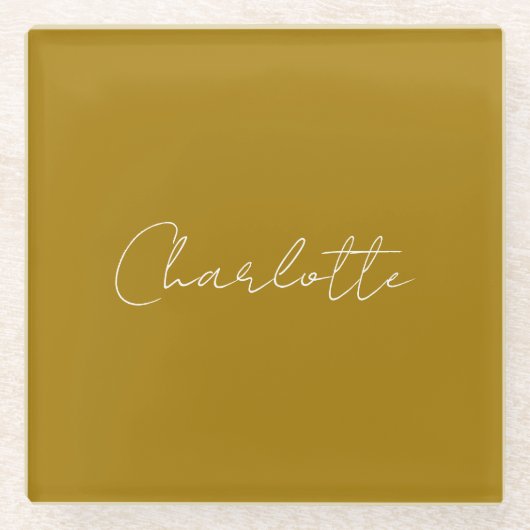 手書きスクリプト金ゴールドカラー名前をカスタムする編集 ガラスコースター (正面)