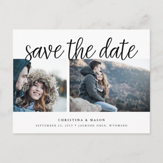 手書きスクリプト2枚の写真日付を保存 案内ポストカード (正面)