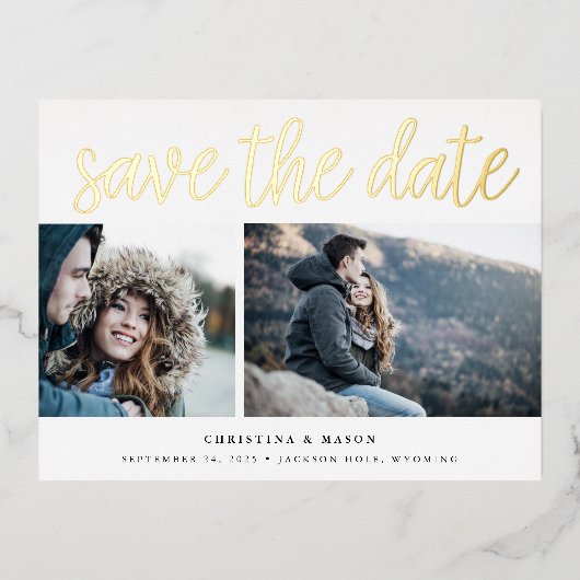 手書きスクリプト2枚の写真日付を保存 箔招待状ポストカード (正面)