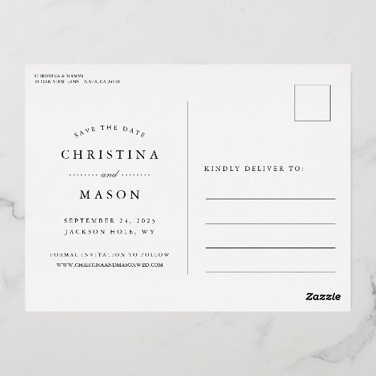 手書きスクリプト3フォトウェディング日付を保存 箔招待状ポストカード (裏面)