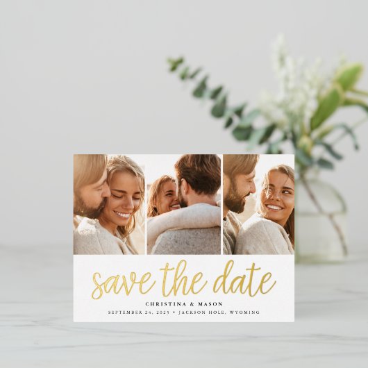 手書きスクリプト3フォトウェディング日付を保存 箔招待状ポストカード (立ち正面)