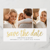 手書きスクリプト3フォトウェディング日付を保存 箔招待状ポストカード (正面)