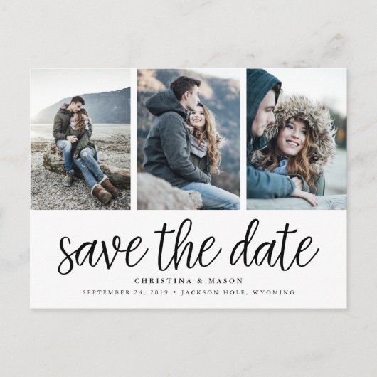 手書きスクリプト3枚の写真日付を保存 案内ポストカード (正面)