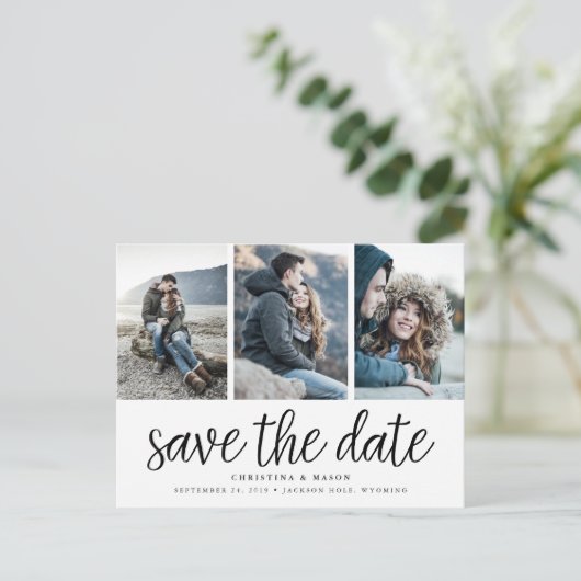 手書きスクリプト3枚の写真日付を保存 案内ポストカード (スタンド正面)