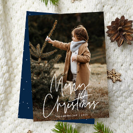 手書きスクリプト ネイビー メリークリスマス 写真入りカード シーズンカード
