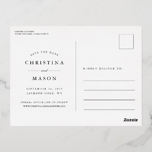 手書きスクリプト |フォトウェディング日付を保存 箔招待状ポストカード (裏面)