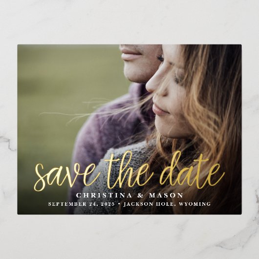 手書きスクリプト |フォトウェディング日付を保存 箔招待状ポストカード (正面)