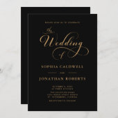 手書きスクリプトQRコードブラック金ゴールド結婚 招待状 (正面/裏面)