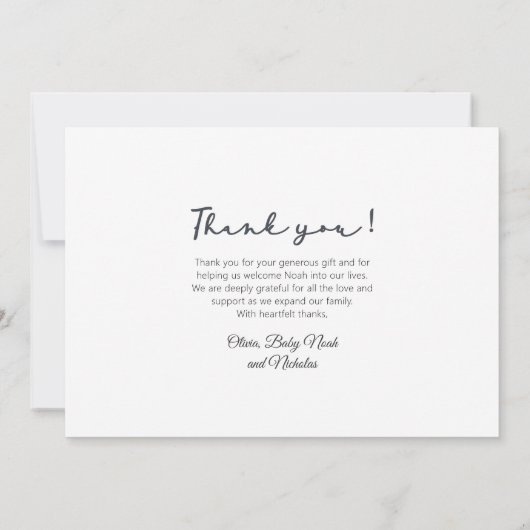 手書きスクリプ生まれたばかりのトベビー写真ありがとう サンキューカード (裏面)