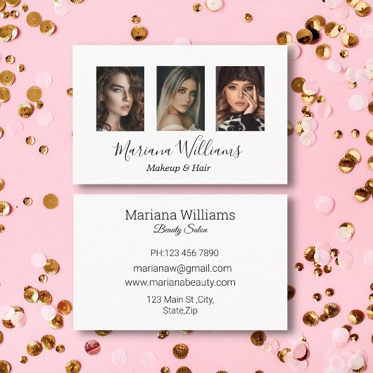 手書きスタイリッシュメイクアップとヘア3枚の写真 名刺