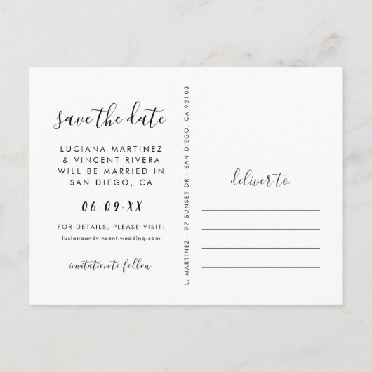 手書きス結婚クリプトの写真日付の保存 案内ポストカード (裏面)