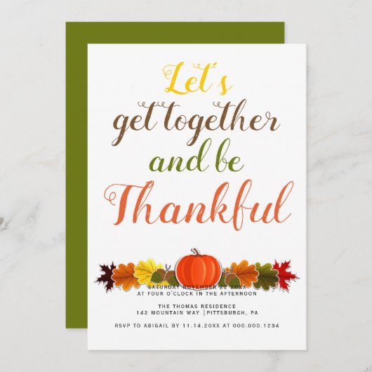 手書きタイポグラフィパンプキ葉ン感謝祭 招待状 (正面/裏面)