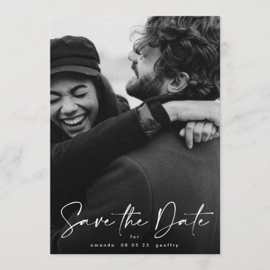 手書きタイポグラフィホワイトオーバーレイ写真 セーブザデート (正面)