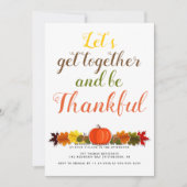 手書きタイポグラフィーのパンプキンリーフ 感謝祭 招待状 (正面)