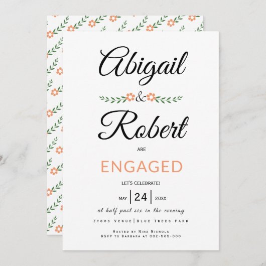 手書きタイポグラフィ桃の花婚約 招待状 (正面/裏面)