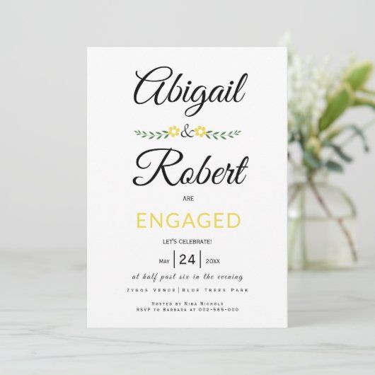 手書きタイポグラフィ黄色の花婚約 招待状 (スタンド正面)