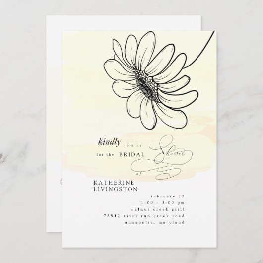 手書きデイジー黄ブライダルシャワー 招待状 (正面/裏面)