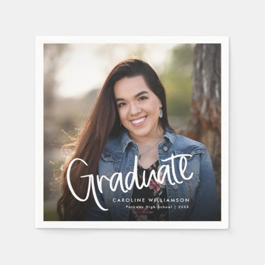 手書きトレンディーカジュアルスクリプト写真の卒業 スタンダードカクテルナプキン (正面)