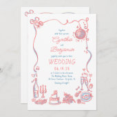 手書きドードルお洒落レトロ結婚の写真 招待状 (正面/裏面)