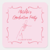 手書きドードルピンク&レッド卒業パーティー スクエアシール (正面)