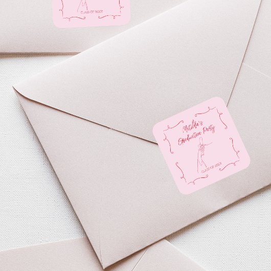 手書きドードルピンク&レッド卒業パーティー スクエアシール