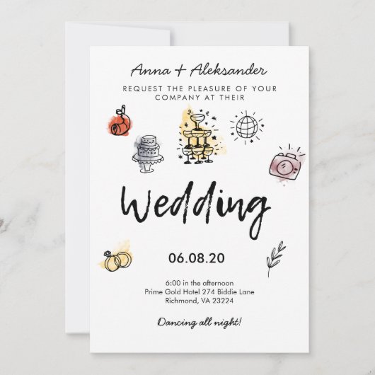 手書きドードルファンキーおもしろい結婚写真 招待状 (正面)