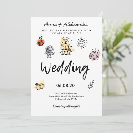 手書きドードルファンキーおもしろい結婚写真 招待状 (スタンド正面)