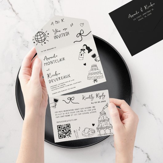 手書きドードルフランスのヴィンテージQRコー結婚ド オールインワン招待状