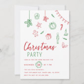 手書きドードルレッドと緑のクリスマスパーティー 招待状 (正面)