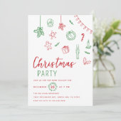 手書きドードルレッドと緑のクリスマスパーティー 招待状 (スタンド正面)