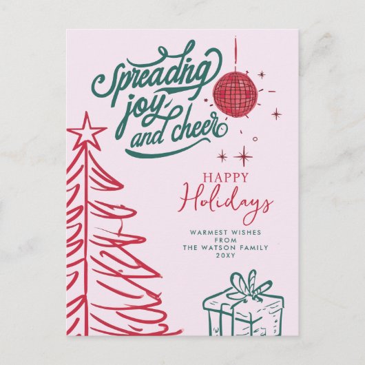 手書きドードルレッドグリーンピンククリスマス シーズンポストカード (正面)