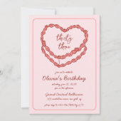 手書きドードルヴィンテージケーキピンクレッド誕生日 招待状 (正面)