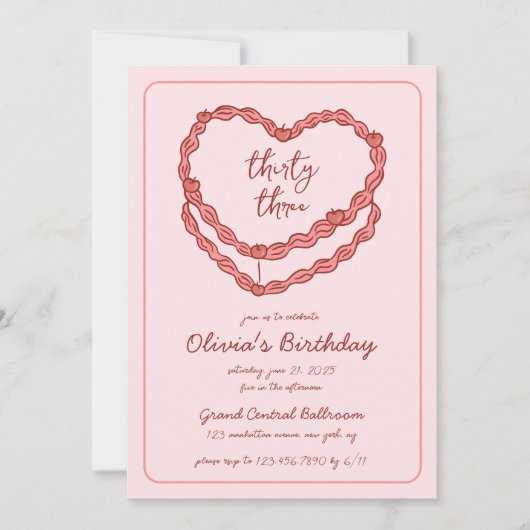 手書きドードルヴィンテージケーキピンクレッド誕生日 招待状 (正面)