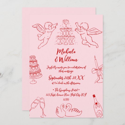 手書きドードル&手書きスクリプ結婚ト 招待状 (正面/裏面)