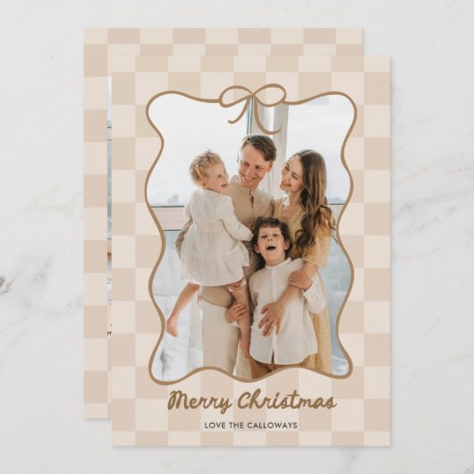 手書きニュートラル弓フレーム市松模様に写真付き シーズンカード (正面/裏面)