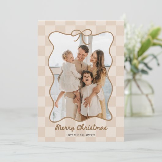 手書きニュートラル弓フレーム市松模様に写真付き シーズンカード (スタンド正面)