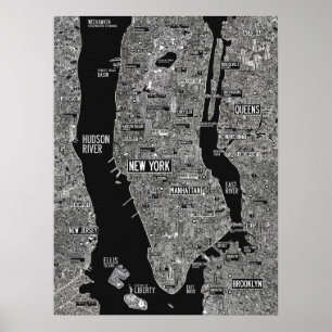 手書きニューヨーク市地図白黒 ポスター