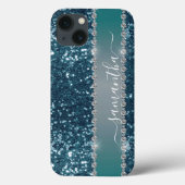 手書きネーム 青緑 ダイヤモンド グリッター ルック Case-Mate iPhoneケース (裏面)