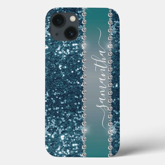 手書きネーム 青緑 ダイヤモンド グリッター ルック Case-Mate iPhoneケース (裏面)