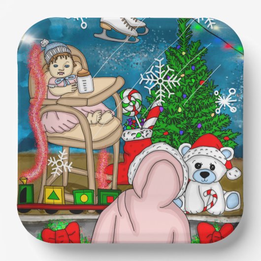 手書きノスタルジックなクリスマスウィンドウディスプレイ ペーパープレート (正面)