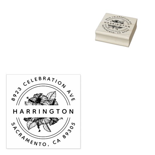 手書きハイビスカスブーケラウンド差出人住所 ラバースタンプ (押印)