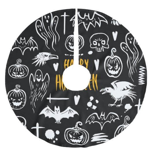 手書きハロウィーンのシンボル、ヴィンテージ収集。 ブラッシュドポリエステルツリースカート (正面)