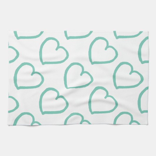 手書きハートデザイン青(白) キッチンタオル (横)