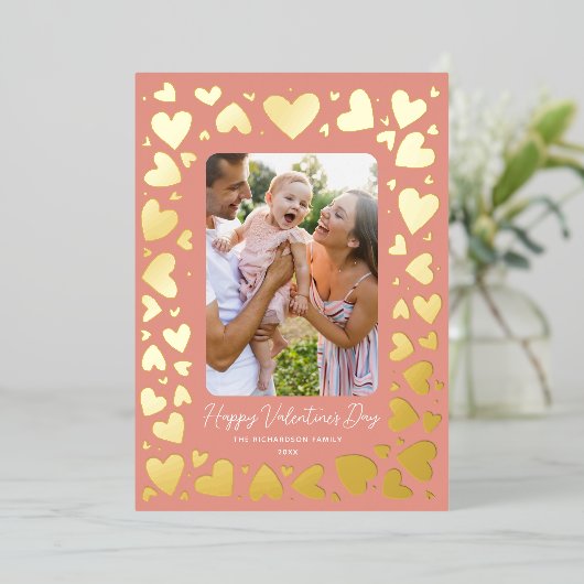 手書きハートフレームバレンタイン写真 箔シーズンカード (立ち正面)