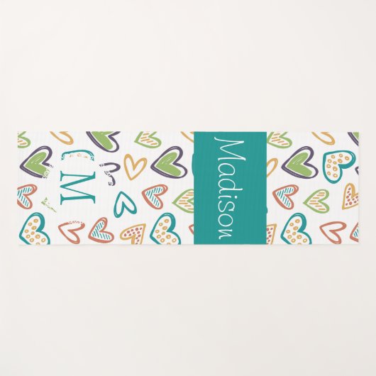 手書きハート数々のカラートレンディーモノグラム ヨガマット (正面(横))