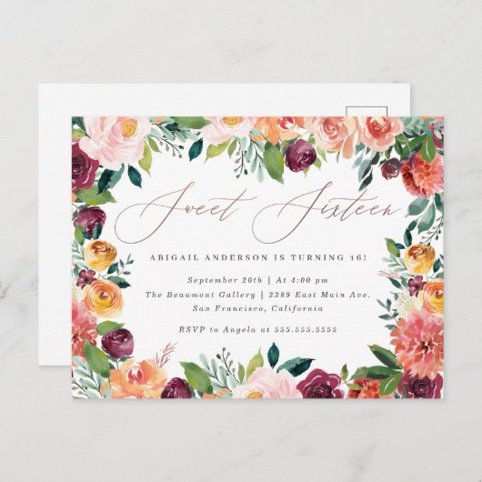 手書きバラ金ゴールドスウィート16バースデーパーティー インビテーションポストカード (正面/裏面)