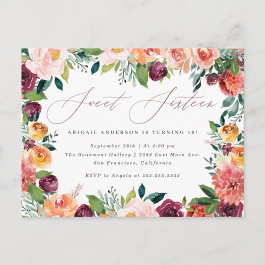 手書きバラ金ゴールドスウィート16バースデーパーティー インビテーションポストカード (正面)