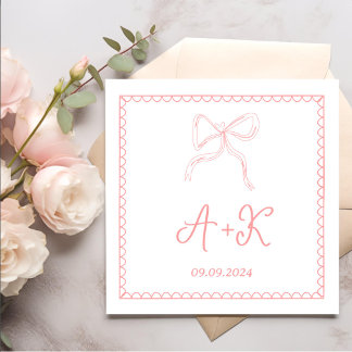 手書きピフランスのンク結婚のモノグラム スタンダードカクテルナプキン