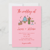 手書きピンクお洒落のQRコードフォト結婚ズ 招待状 (正面)